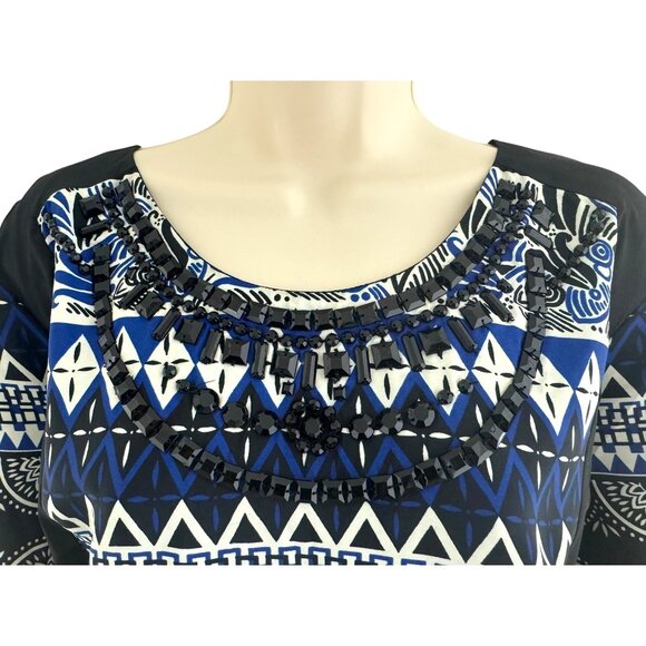 Long Tall Sally Black Blue Mixed Print Jeweled Neckline Sheath Dress Size 18 2X - Picture 2 of 7